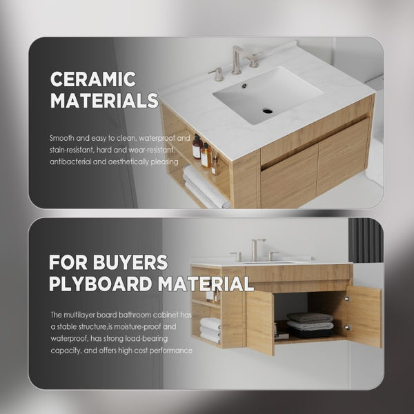 English Elm 30 Inch Floating Bathroom Vanity with Cultured Marble Top Soft Close Door Plywood Oak Carrara White B2775S00199