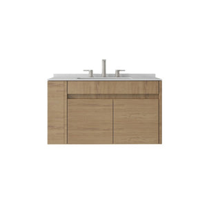 English Elm 30 Inch Floating Bathroom Vanity with Cultured Marble Top Soft Close Door Plywood Oak Carrara White B2775S00199