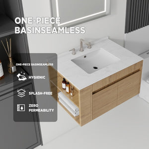 English Elm 30 Inch Floating Bathroom Vanity with Cultured Marble Top Soft Close Door Plywood Oak Carrara White B2775S00199