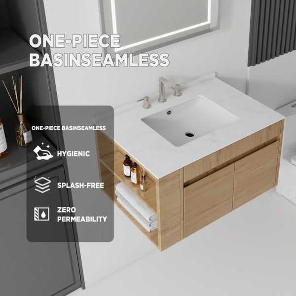 English Elm 30 Inch Floating Bathroom Vanity with Cultured Marble Top Soft Close Door Plywood Oak Carrara White B2775S00199
