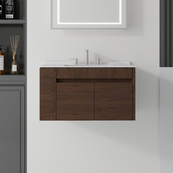 English Elm 30 Inch Floating Bathroom Vanity with Cultured Marble Top Soft Close Door Plywood Brown Carrara White B2775S00200