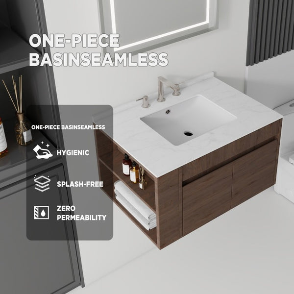 English Elm 30 Inch Floating Bathroom Vanity with Cultured Marble Top Soft Close Door Plywood Brown Carrara White B2775S00200