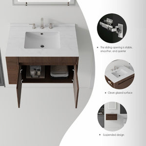 English Elm 30 Inch Floating Bathroom Vanity with Cultured Marble Top Soft Close Door Plywood Brown Carrara White B2775S00200