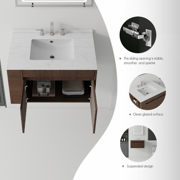 English Elm 30 Inch Floating Bathroom Vanity with Cultured Marble Top Soft Close Door Plywood Brown Carrara White B2775S00200