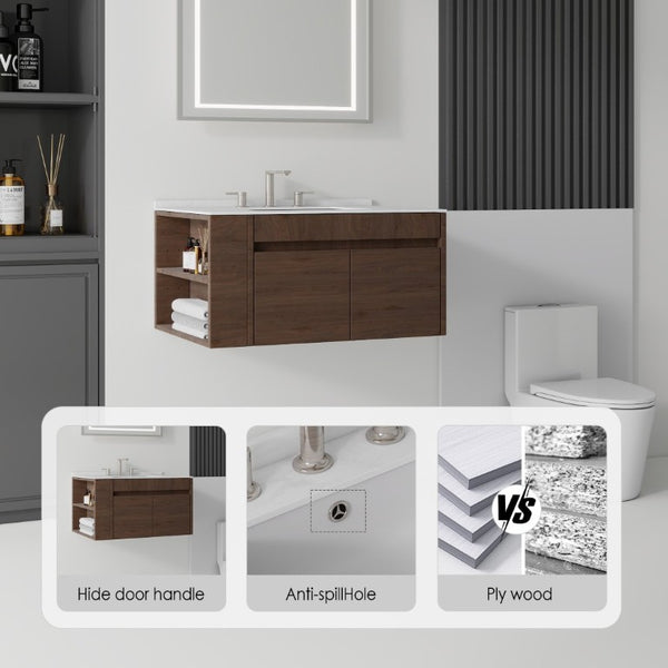 English Elm 30 Inch Floating Bathroom Vanity with Cultured Marble Top Soft Close Door Plywood Brown Carrara White B2775S00200