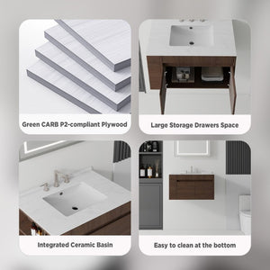 English Elm 30 Inch Floating Bathroom Vanity with Cultured Marble Top Soft Close Door Plywood Brown Carrara White B2775S00200