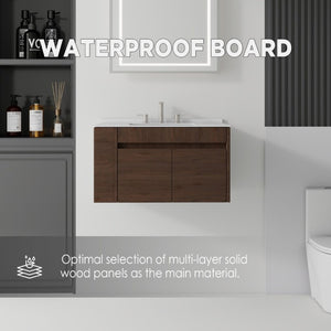 English Elm 30 Inch Floating Bathroom Vanity with Cultured Marble Top Soft Close Door Plywood Brown Carrara White B2775S00200