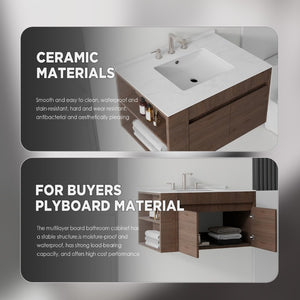 English Elm 30 Inch Floating Bathroom Vanity with Cultured Marble Top Soft Close Door Plywood Brown Carrara White B2775S00200