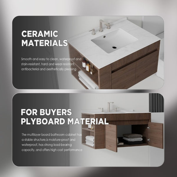 English Elm 30 Inch Floating Bathroom Vanity with Cultured Marble Top Soft Close Door Plywood Brown Carrara White B2775S00200