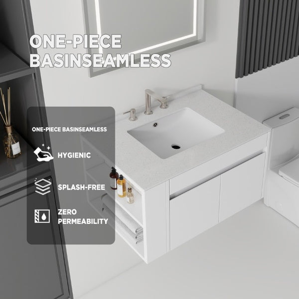 English Elm 30 Inch Floating Bathroom Vanity with Cultured Marble Top Soft Close Door Plywood White Granite White B2775S00201