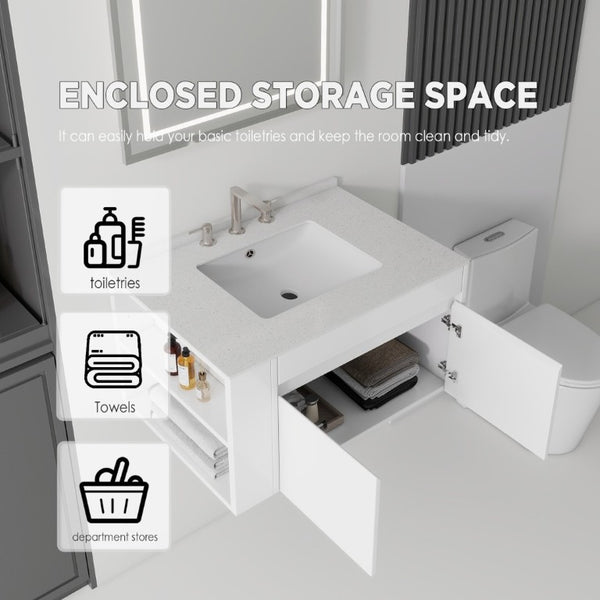 English Elm 30 Inch Floating Bathroom Vanity with Cultured Marble Top Soft Close Door Plywood White Granite White B2775S00201