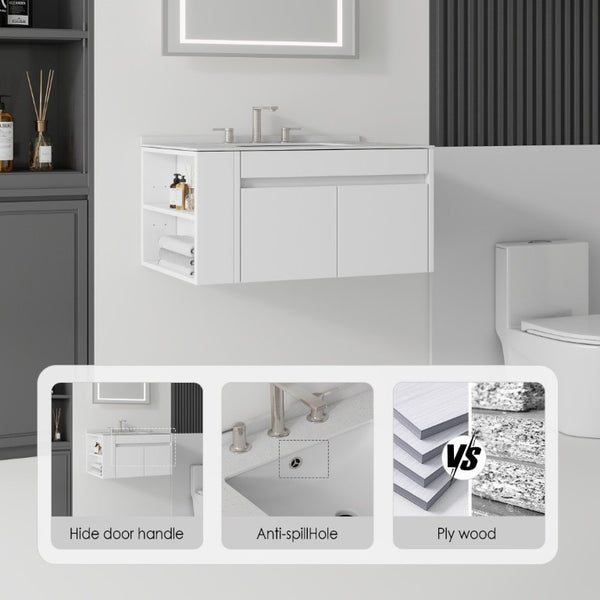 English Elm 30 Inch Floating Bathroom Vanity with Cultured Marble Top Soft Close Door Plywood White Granite White B2775S00201