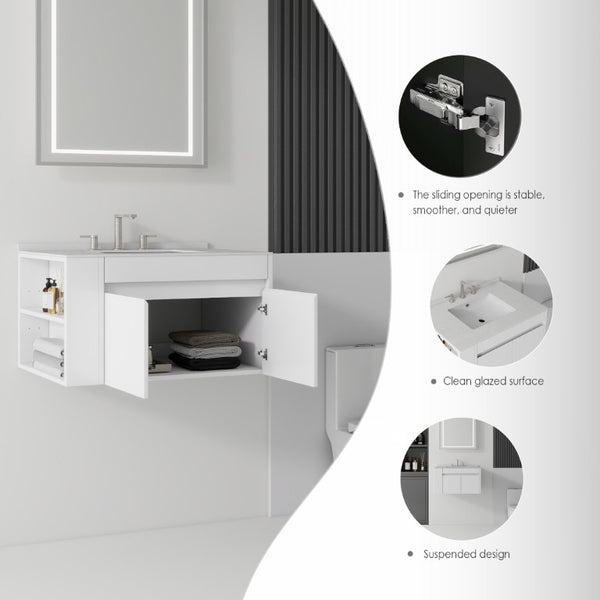 English Elm 30 Inch Floating Bathroom Vanity with Cultured Marble Top Soft Close Door Plywood White Granite White B2775S00201