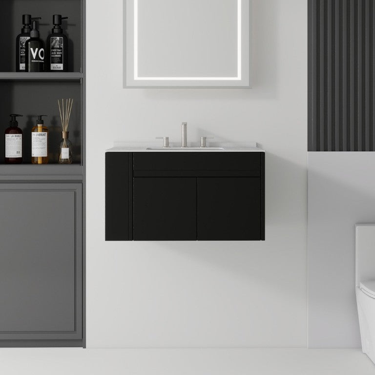 English Elm 30 Inch Floating Bathroom Vanity with Cultured Marble Top Soft Close Door Plywood Black Granite White B2775S00202