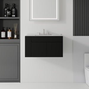 English Elm 30 Inch Floating Bathroom Vanity with Cultured Marble Top Soft Close Door Plywood Black Granite White B2775S00202