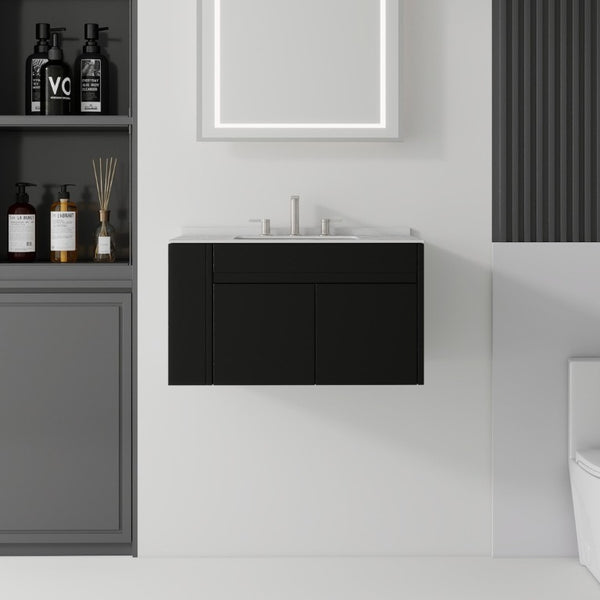 English Elm 30 Inch Floating Bathroom Vanity with Cultured Marble Top Soft Close Door Plywood Black Granite White B2775S00202