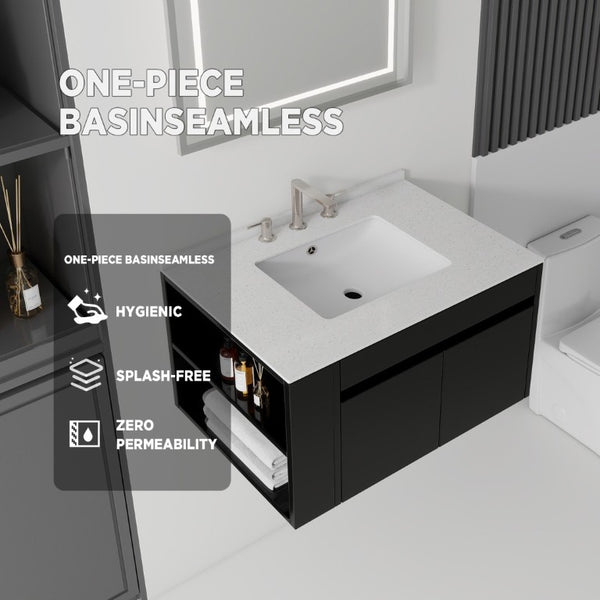 English Elm 30 Inch Floating Bathroom Vanity with Cultured Marble Top Soft Close Door Plywood Black Granite White B2775S00202