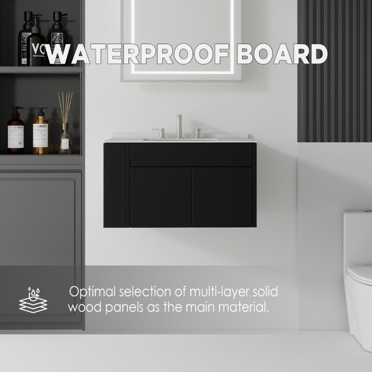English Elm 30 Inch Floating Bathroom Vanity with Cultured Marble Top Soft Close Door Plywood Black Granite White B2775S00202