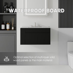 English Elm 30 Inch Floating Bathroom Vanity with Cultured Marble Top Soft Close Door Plywood Black Granite White B2775S00202