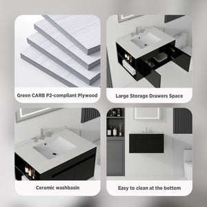 English Elm 30 Inch Floating Bathroom Vanity with Cultured Marble Top Soft Close Door Plywood Black Granite White B2775S00202