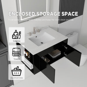 English Elm 30 Inch Floating Bathroom Vanity with Cultured Marble Top Soft Close Door Plywood Black Granite White B2775S00202