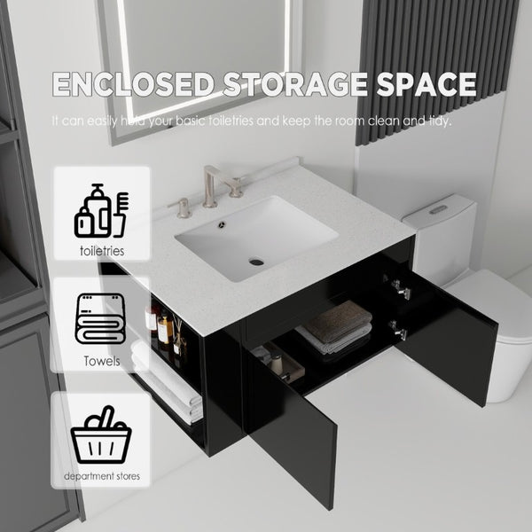 English Elm 30 Inch Floating Bathroom Vanity with Cultured Marble Top Soft Close Door Plywood Black Granite White B2775S00202
