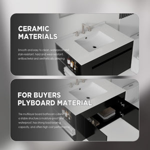English Elm 30 Inch Floating Bathroom Vanity with Cultured Marble Top Soft Close Door Plywood Black Granite White B2775S00202