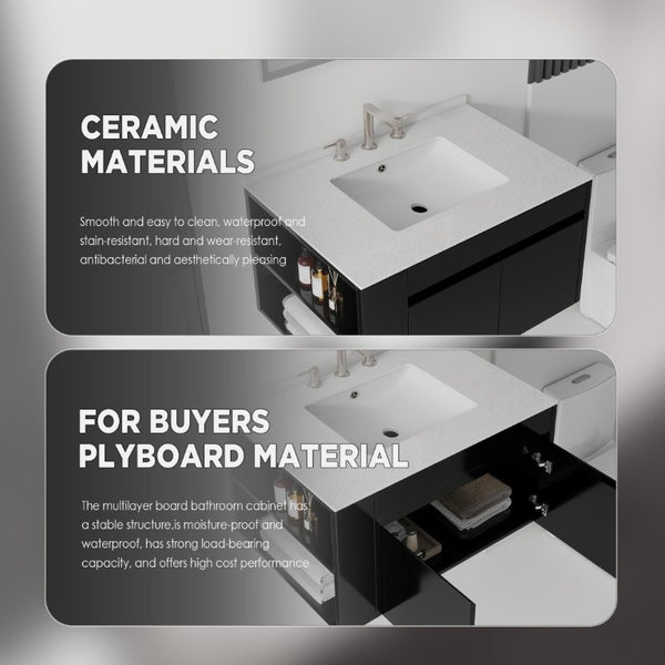 English Elm 30 Inch Floating Bathroom Vanity with Cultured Marble Top Soft Close Door Plywood Black Granite White B2775S00202