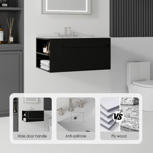 English Elm 30 Inch Floating Bathroom Vanity with Cultured Marble Top Soft Close Door Plywood Black Granite White B2775S00202