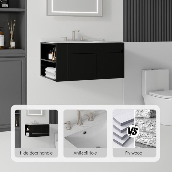 English Elm 30 Inch Floating Bathroom Vanity with Cultured Marble Top Soft Close Door Plywood Black Granite White B2775S00202