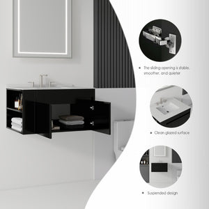 English Elm 30 Inch Floating Bathroom Vanity with Cultured Marble Top Soft Close Door Plywood Black Granite White B2775S00202