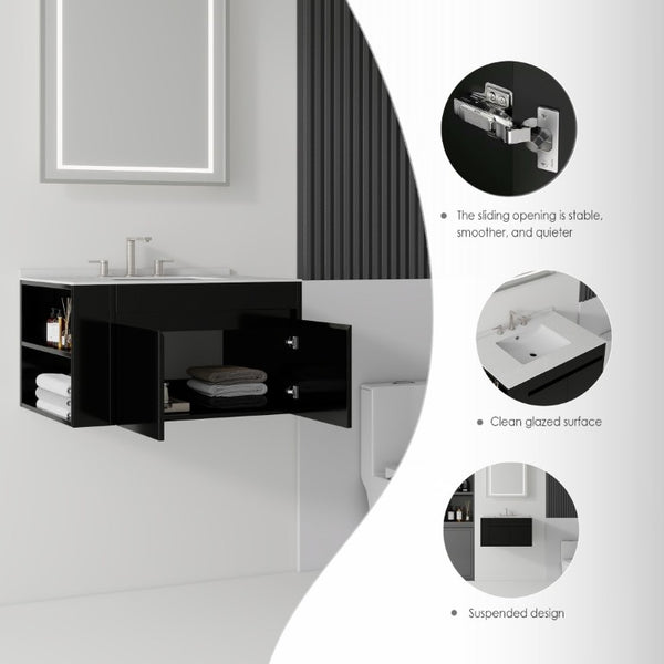 English Elm 30 Inch Floating Bathroom Vanity with Cultured Marble Top Soft Close Door Plywood Black Granite White B2775S00202