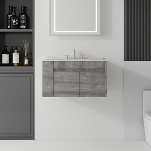 English Elm 30 Inch Floating Bathroom Vanity with Cultured Marble Top Soft Close Door Plywood Grey Granite White B2775S00203