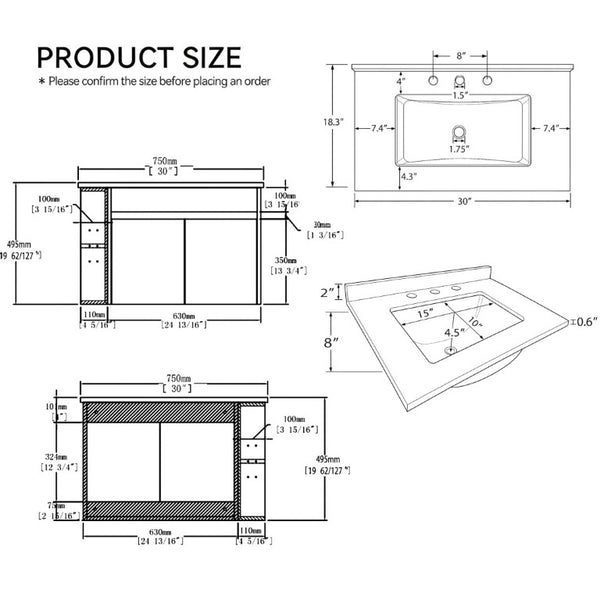English Elm 30 Inch Floating Bathroom Vanity with Cultured Marble Top Soft Close Door Plywood Grey Granite White B2775S00203