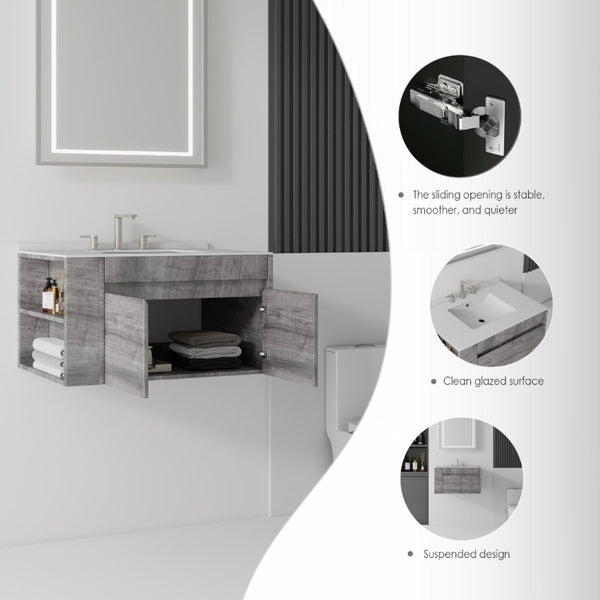 English Elm 30 Inch Floating Bathroom Vanity with Cultured Marble Top Soft Close Door Plywood Grey Granite White B2775S00203