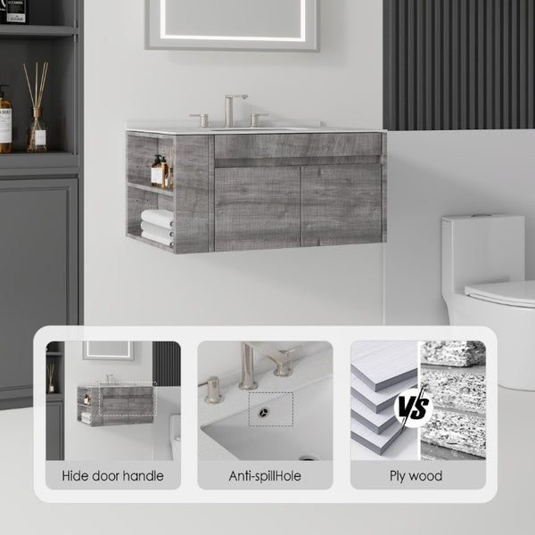 English Elm 30 Inch Floating Bathroom Vanity with Cultured Marble Top Soft Close Door Plywood Grey Granite White B2775S00203