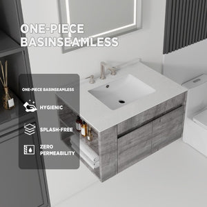 English Elm 30 Inch Floating Bathroom Vanity with Cultured Marble Top Soft Close Door Plywood Grey Granite White B2775S00203