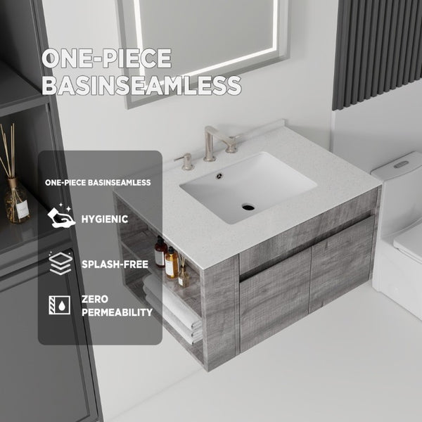 English Elm 30 Inch Floating Bathroom Vanity with Cultured Marble Top Soft Close Door Plywood Grey Granite White B2775S00203