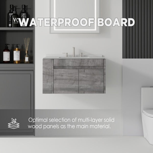 English Elm 30 Inch Floating Bathroom Vanity with Cultured Marble Top Soft Close Door Plywood Grey Granite White B2775S00203