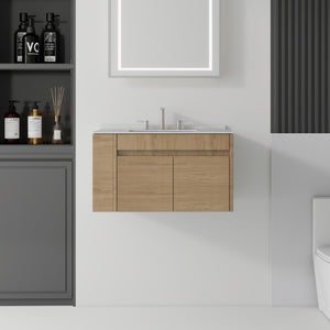 English Elm 30 Inch Floating Bathroom Vanity with Cultured Marble Top Soft Close Door Plywood Oak Granite White B2775S00204