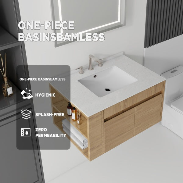 English Elm 30 Inch Floating Bathroom Vanity with Cultured Marble Top Soft Close Door Plywood Oak Granite White B2775S00204