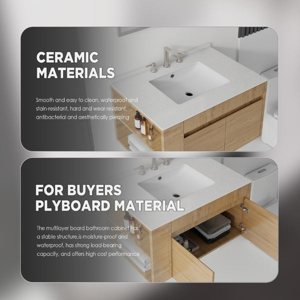 English Elm 30 Inch Floating Bathroom Vanity with Cultured Marble Top Soft Close Door Plywood Oak Granite White B2775S00204