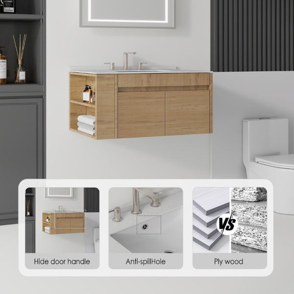 English Elm 30 Inch Floating Bathroom Vanity with Cultured Marble Top Soft Close Door Plywood Oak Granite White B2775S00204