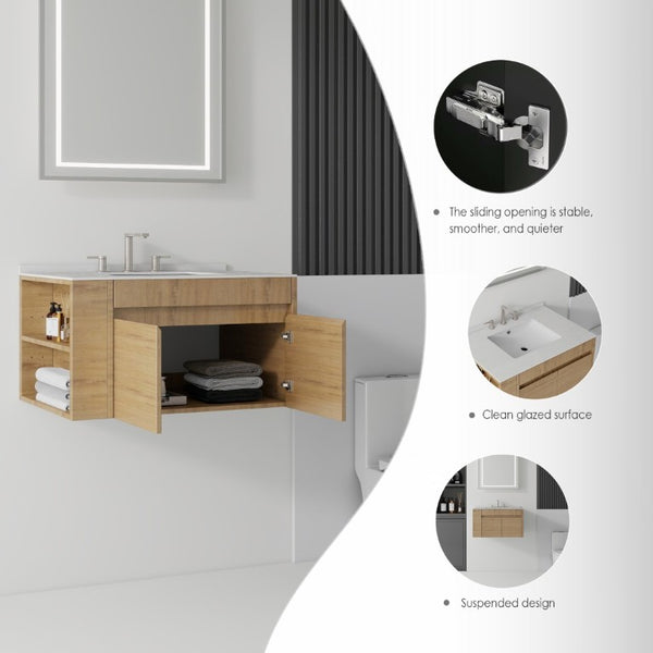 English Elm 30 Inch Floating Bathroom Vanity with Cultured Marble Top Soft Close Door Plywood Oak Granite White B2775S00204