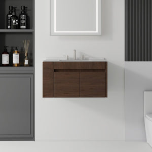 English Elm 30 Inch Floating Bathroom Vanity with Cultured Marble Top Soft Close Door Plywood Brown Granite White B2775S00205