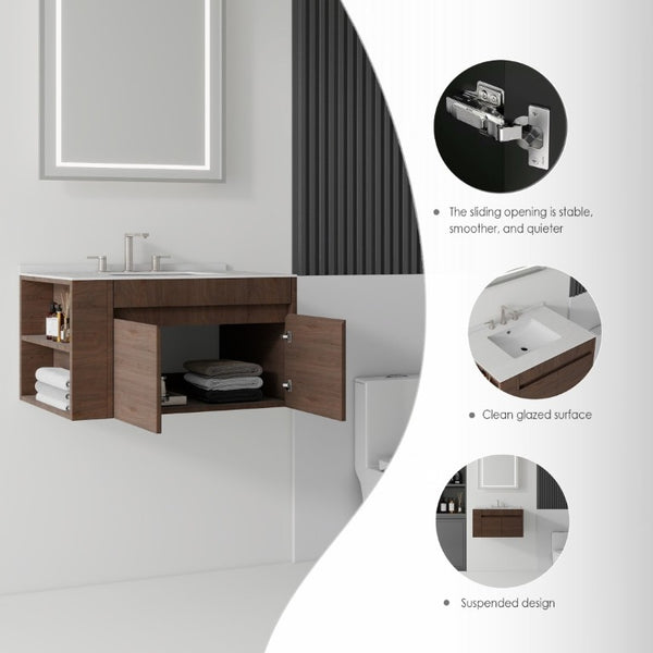 English Elm 30 Inch Floating Bathroom Vanity with Cultured Marble Top Soft Close Door Plywood Brown Granite White B2775S00205