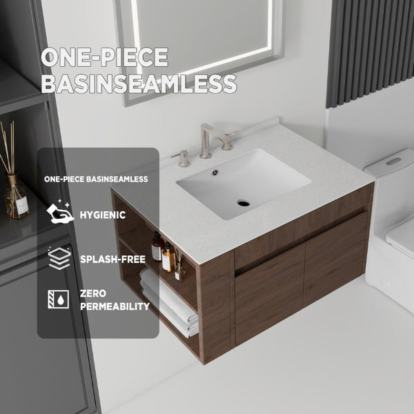English Elm 30 Inch Floating Bathroom Vanity with Cultured Marble Top Soft Close Door Plywood Brown Granite White B2775S00205