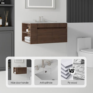 English Elm 30 Inch Floating Bathroom Vanity with Cultured Marble Top Soft Close Door Plywood Brown Granite White B2775S00205