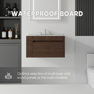 English Elm 30 Inch Floating Bathroom Vanity with Cultured Marble Top Soft Close Door Plywood Brown Granite White B2775S00205