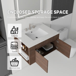 English Elm 30 Inch Floating Bathroom Vanity with Cultured Marble Top Soft Close Door Plywood Brown Granite White B2775S00205